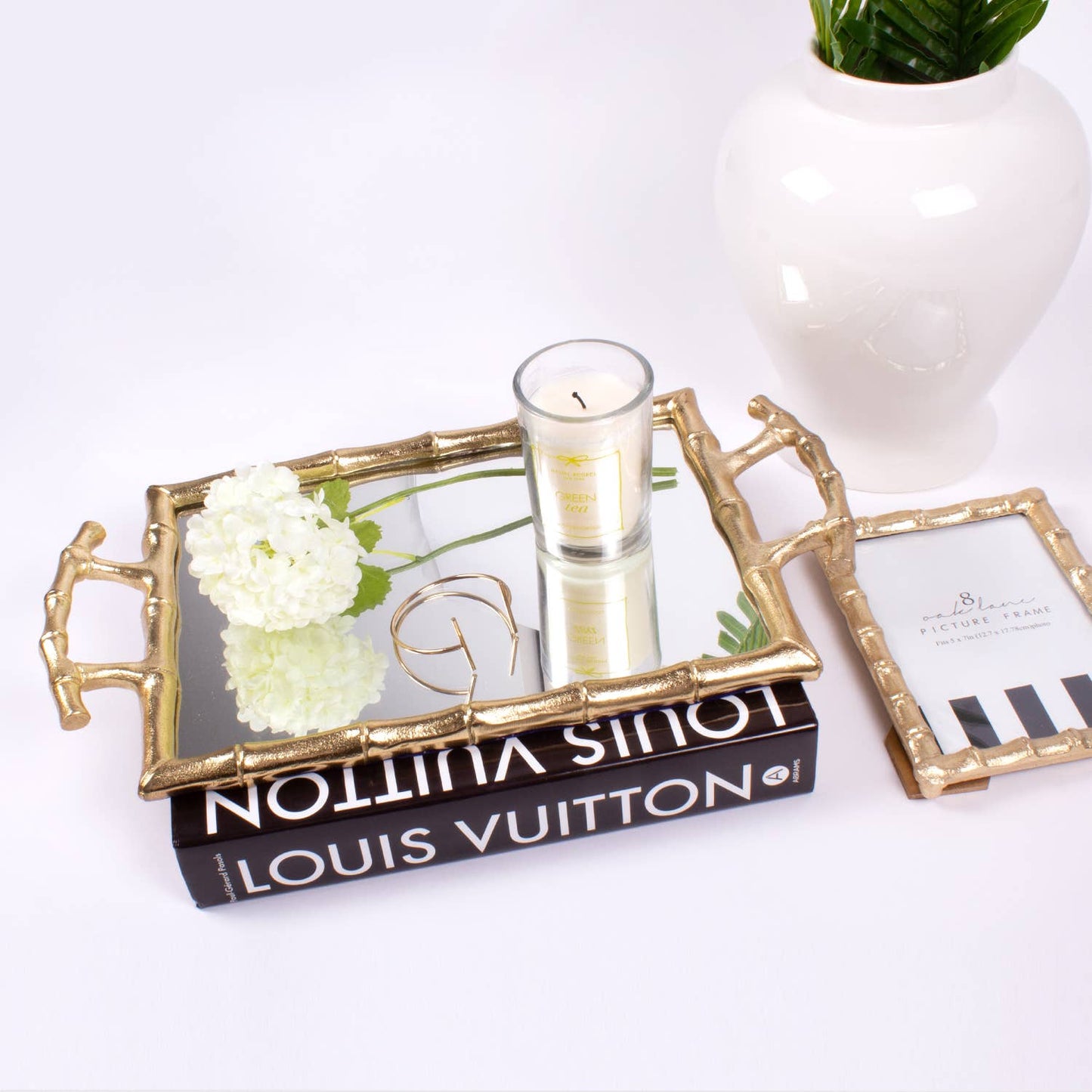 Gold Bamboo Vanity Mirrored Tray — Elegant Decorative Organizer