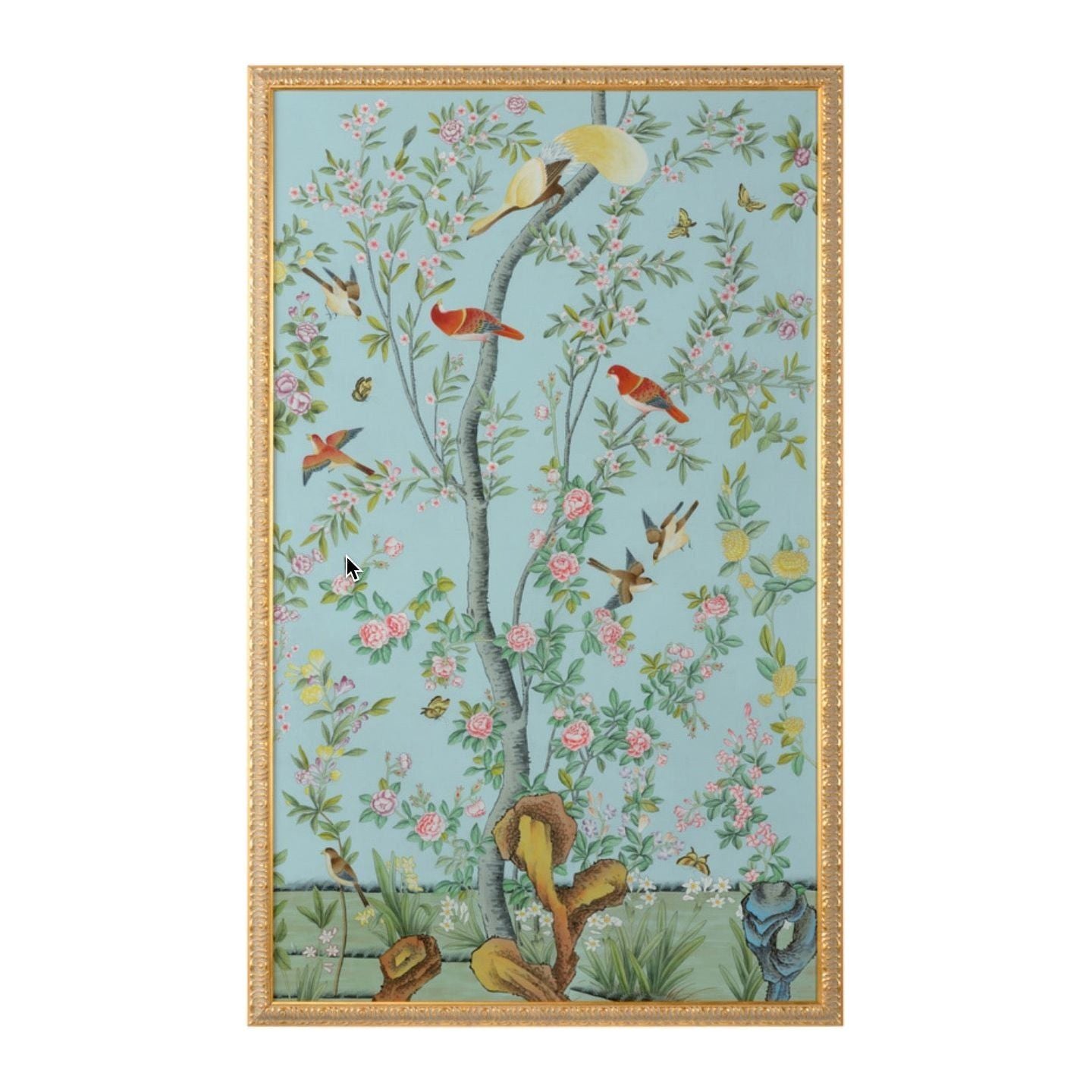 Hand-Painted Watercolor on Silk in Gold Frame