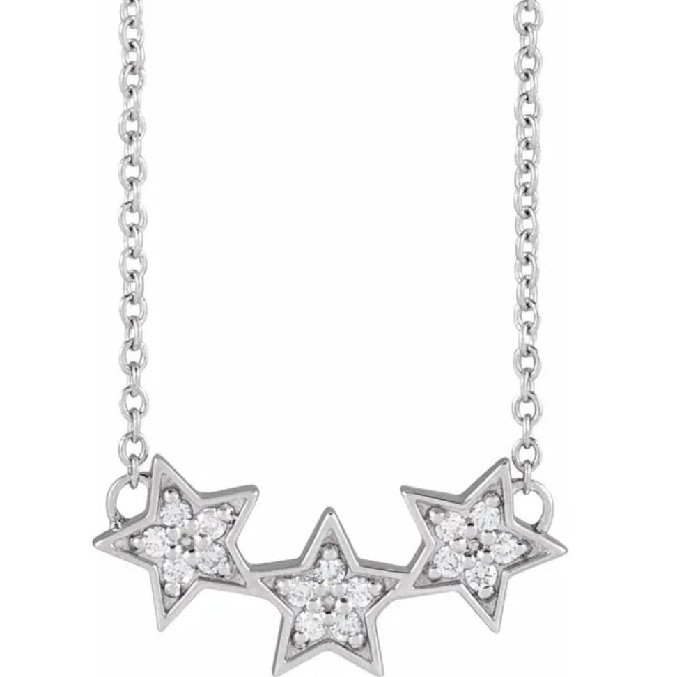 14K Yellow Gold or 14K White Gold Natural Diamond Triple Star Necklace (16-18”)