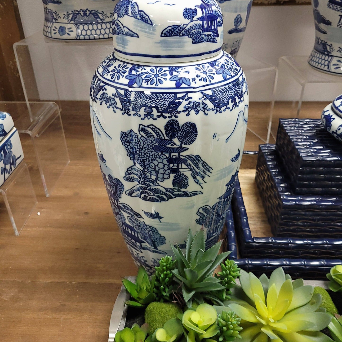 Blue & White Chinoiserie Ceramic Urn Jar 16"