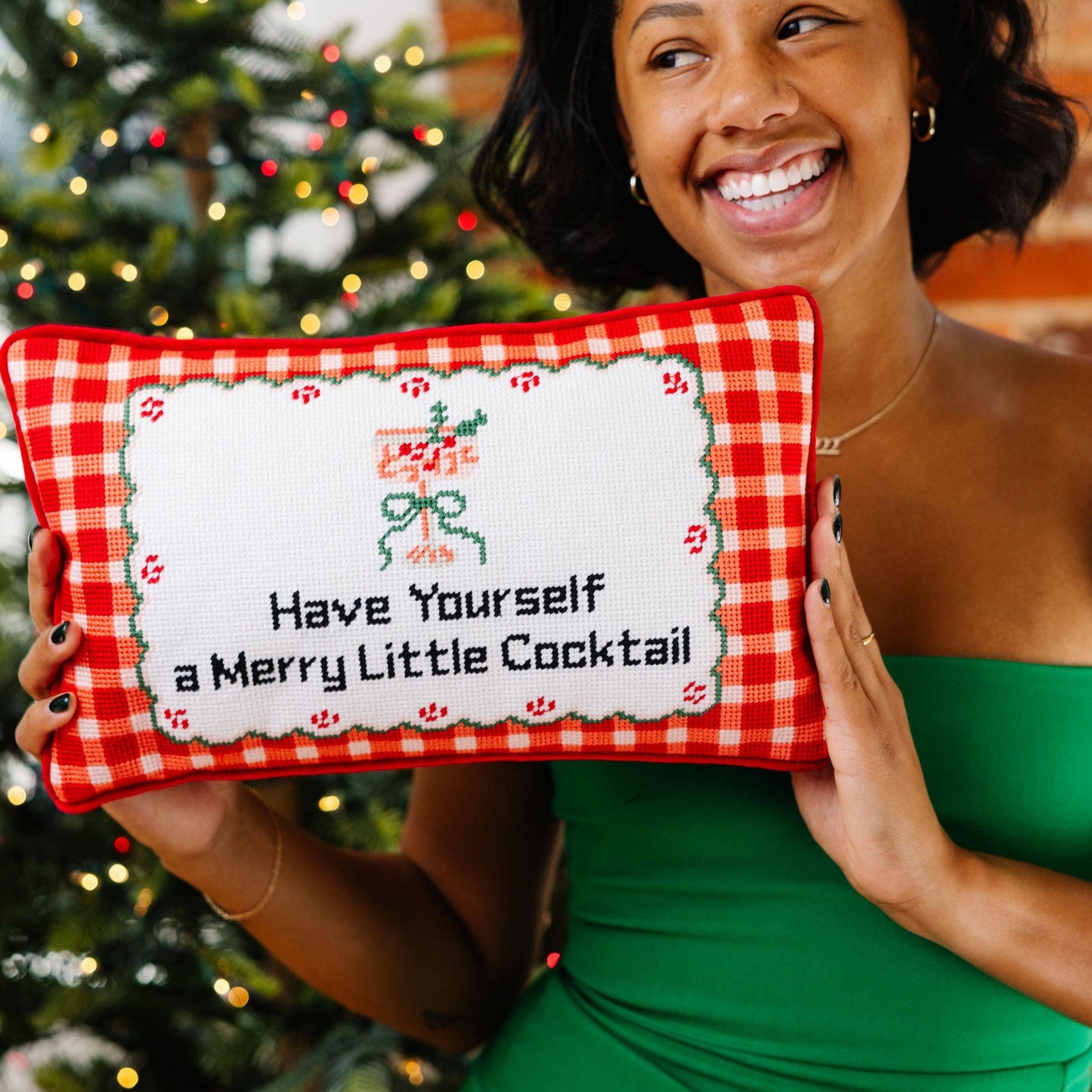 Merry Little Cocktail Needlepoint Pillow