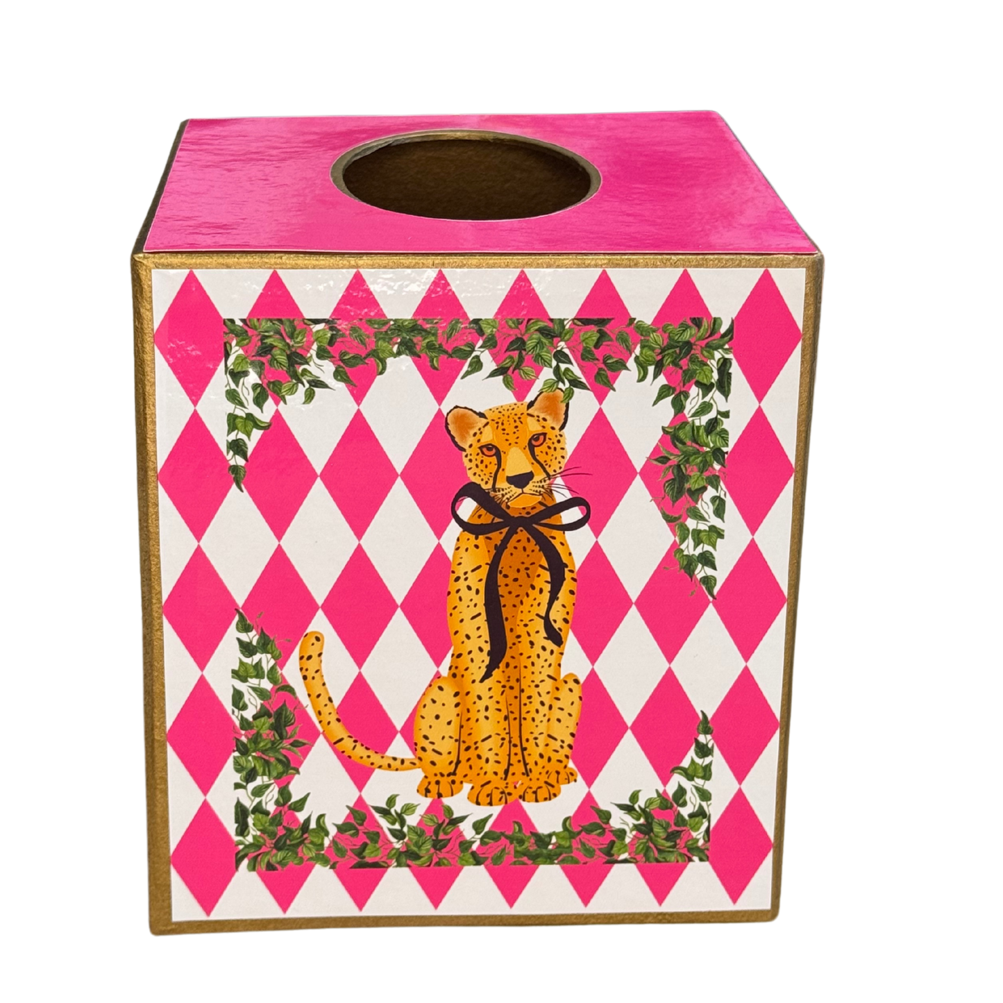 Paper Mache Kleenex Box-Leopard with Black Bow & Flowers