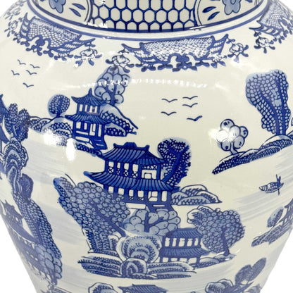 Blue & White Chinoiserie Landscape Ginger Jar – 25” Ceramic Decor