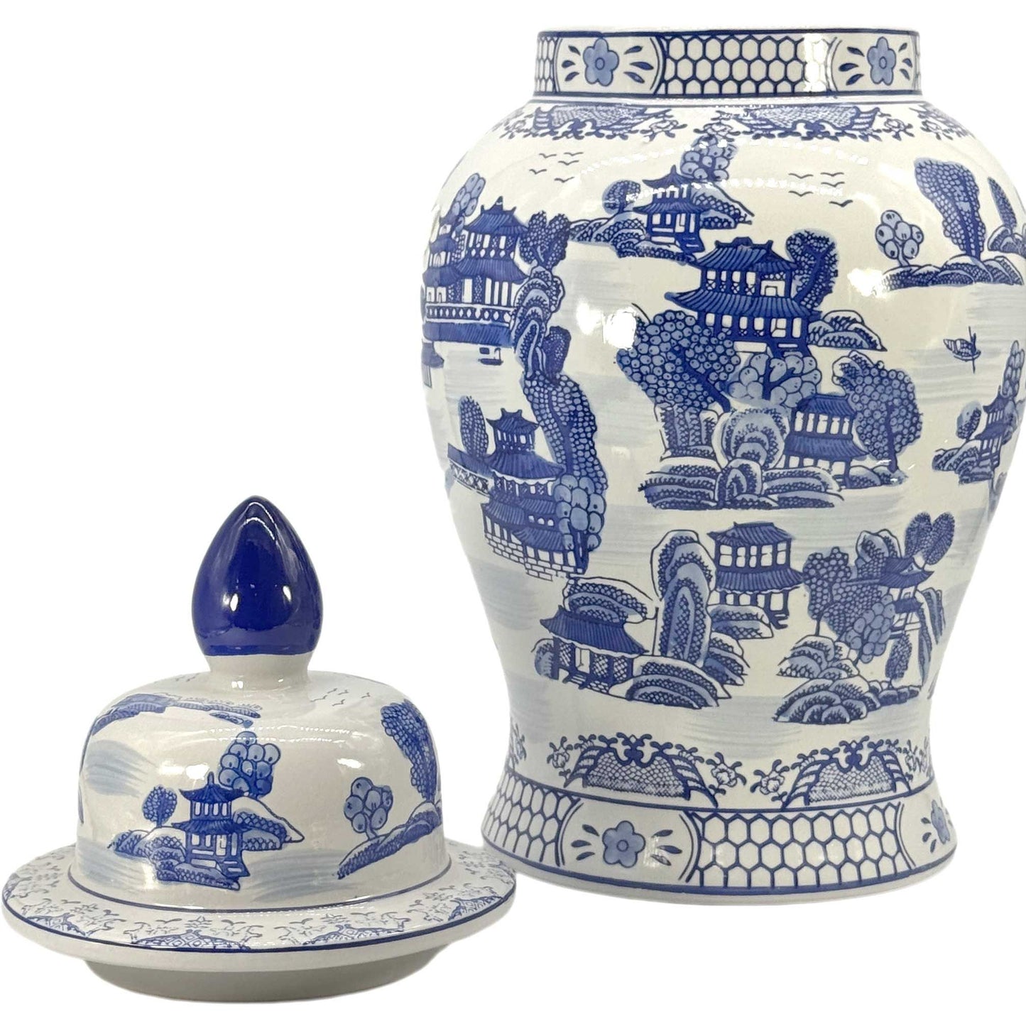 Blue & White Chinoiserie Landscape Ginger Jar – 25” Ceramic Decor