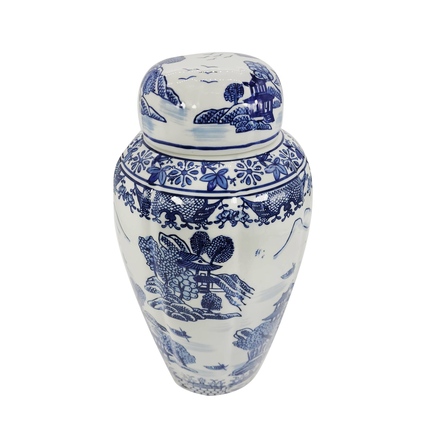 Blue & White Chinoiserie Ceramic Urn Jar 16"