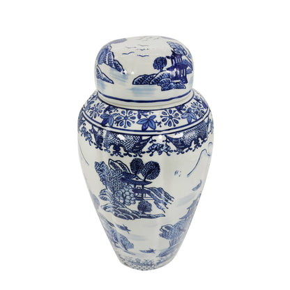 Blue & White Chinoiserie Ceramic Urn Jar 16"