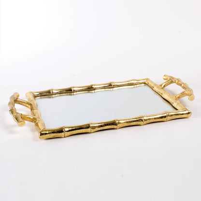 Gold Bamboo Vanity Mirrored Tray — Elegant Decorative Organizer