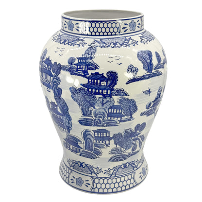 Blue & White Chinoiserie Landscape Ginger Jar – 25” Ceramic Decor