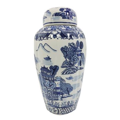 Blue & White Chinoiserie Ceramic Urn Jar 16"