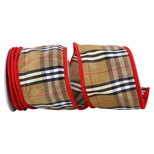 Burbank Plaid Border Wired Edge Ribbon- 4" x 10 Yards