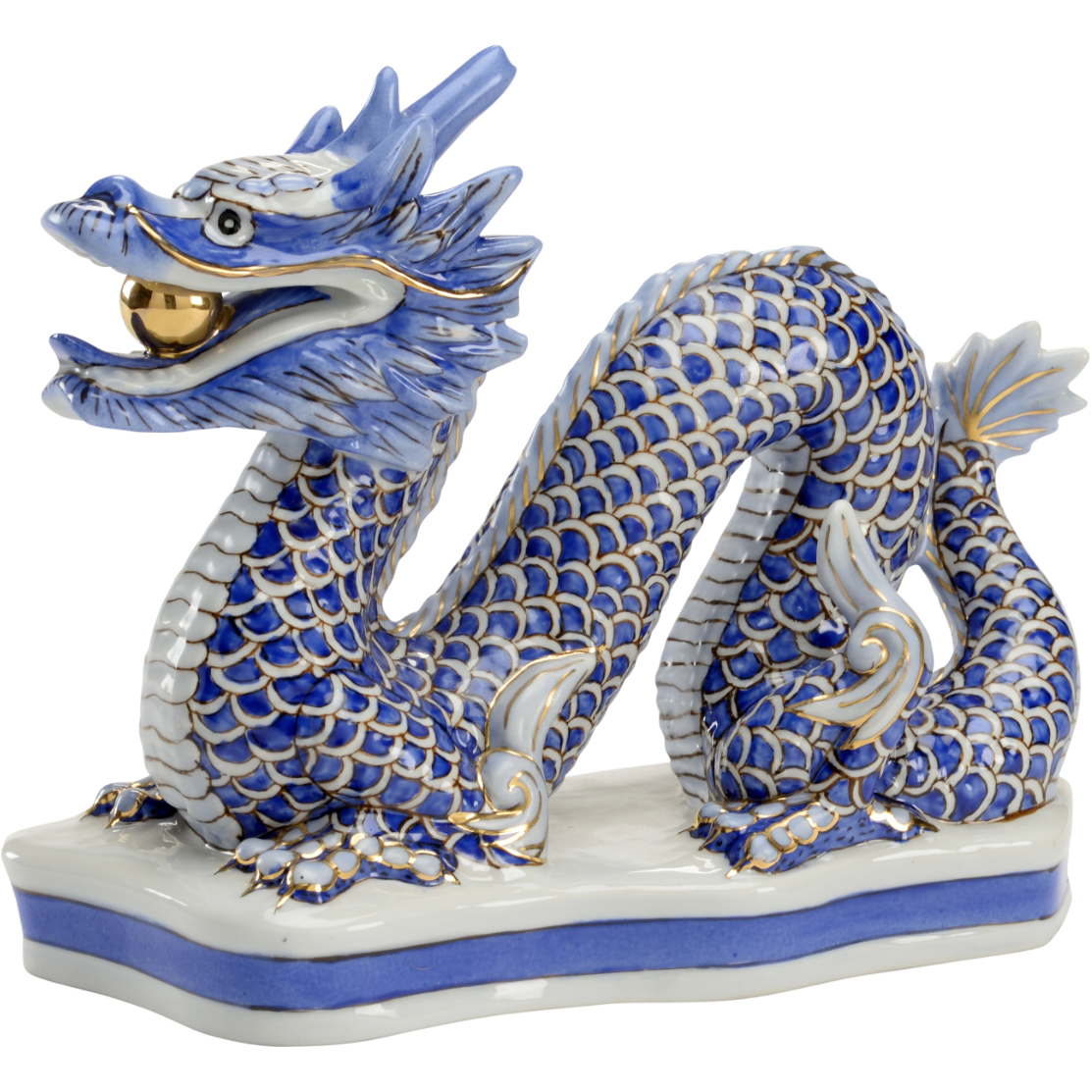 Hand-Painted Porcelain Blue Dragon Figurine with Gold Accents