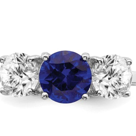 Created Spinel & CZ Three-Stone Ring in Rhodium-Plated Sterling Silver
