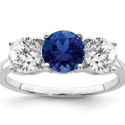 Created Spinel & CZ Three-Stone Ring in Rhodium-Plated Sterling Silver