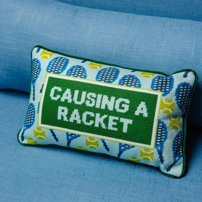 “Causing a Racket Needlepoint Pillow"