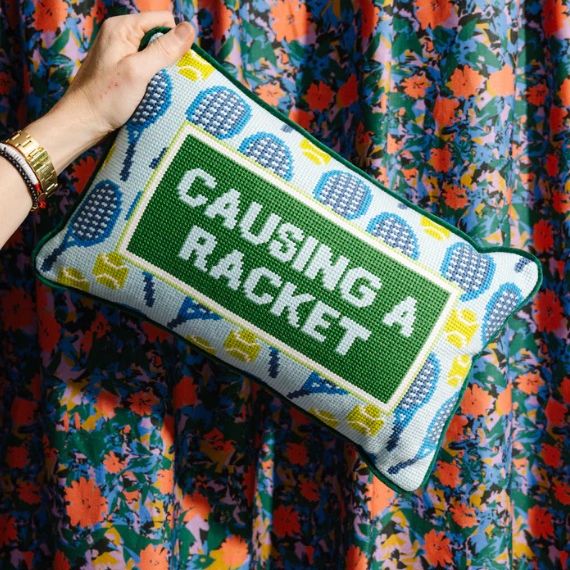 “Causing a Racket Needlepoint Pillow"