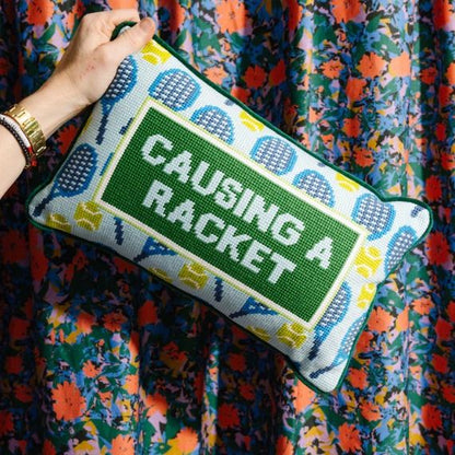 “Causing a Racket Needlepoint Pillow"