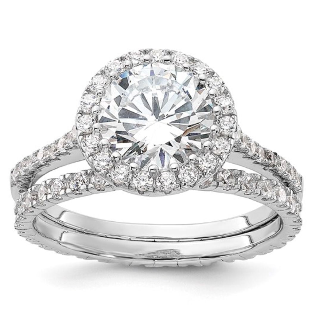 Sterling Silver Rhodium-Plated CZ Halo Engagement Ring & Eternity Band Set