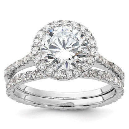Sterling Silver Rhodium-Plated CZ Halo Engagement Ring & Eternity Band Set