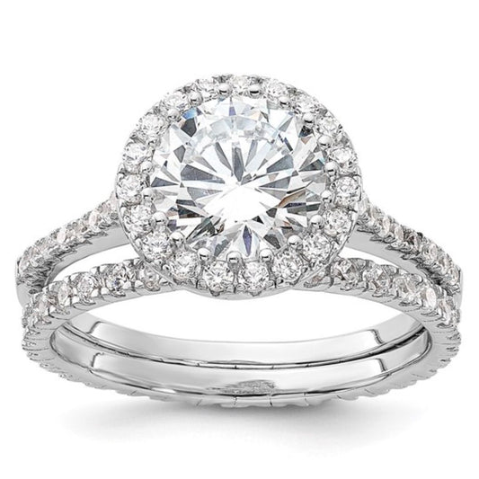 Sterling Silver Rhodium-Plated CZ Halo Engagement Ring & Eternity Band Set