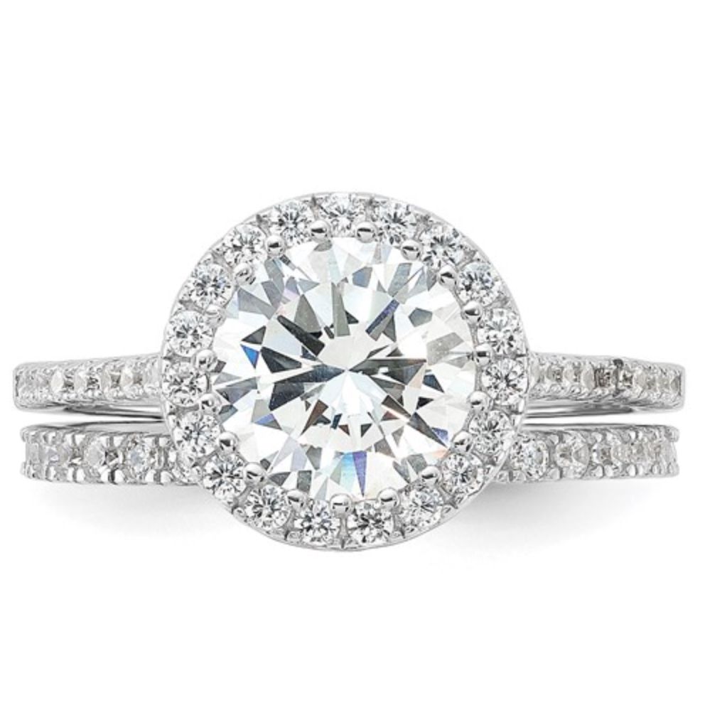 Sterling Silver Rhodium-Plated CZ Halo Engagement Ring & Eternity Band Set