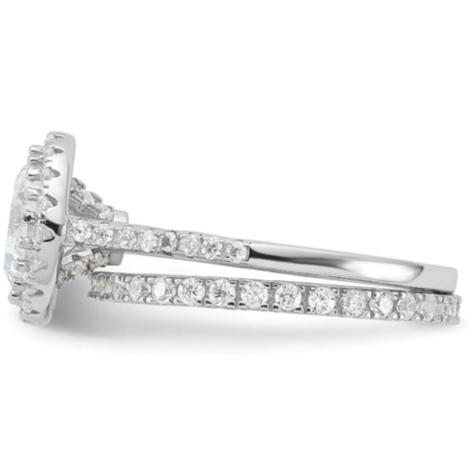 Sterling Silver Rhodium-Plated CZ Halo Engagement Ring & Eternity Band Set
