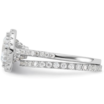Sterling Silver Rhodium-Plated CZ Halo Engagement Ring & Eternity Band Set
