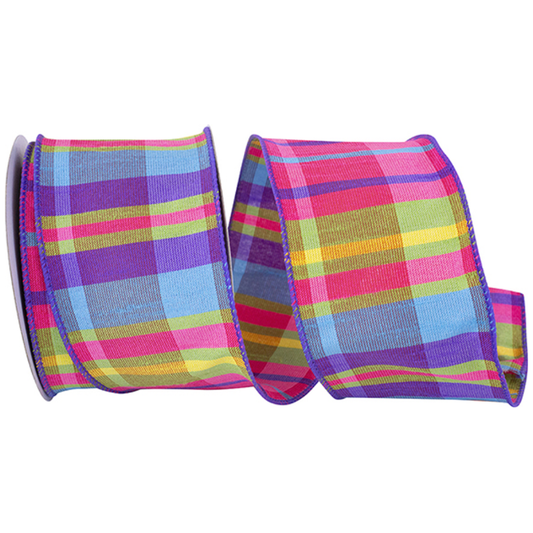 PRIMARY DUPIONI PLAID BRIGHT WIRED EDGE RIBBON-10 YARDS