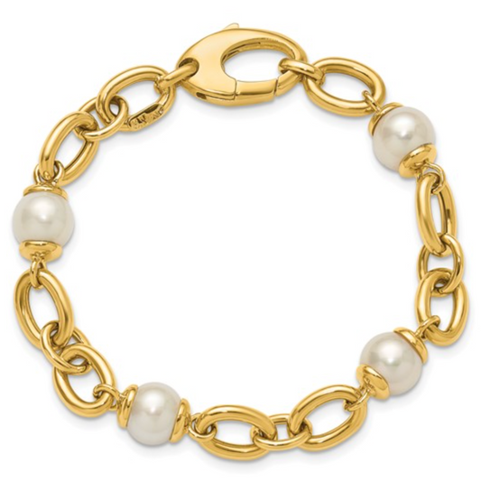 Freshwater Cultured Pearl Fancy Link Bracelet – 14k Yellow Gold-Made in Italy