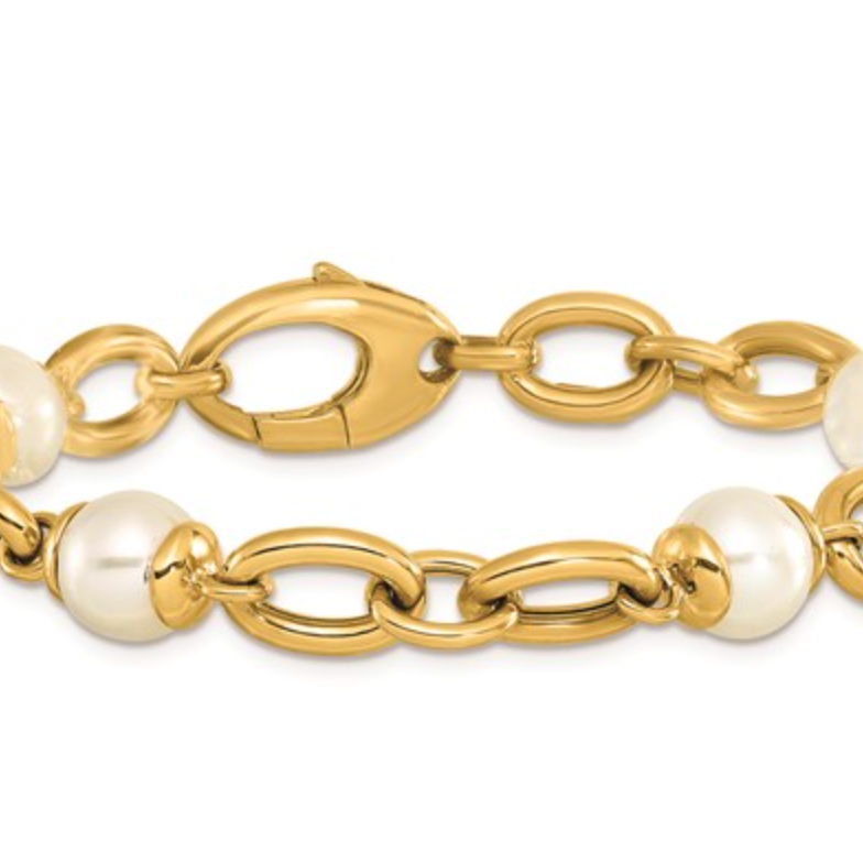 Freshwater Cultured Pearl Fancy Link Bracelet – 14k Yellow Gold-Made in Italy