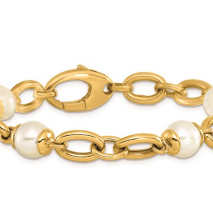 Freshwater Cultured Pearl Fancy Link Bracelet – 14k Yellow Gold-Made in Italy