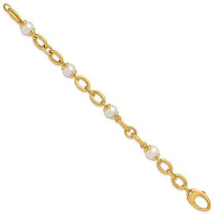 Freshwater Cultured Pearl Fancy Link Bracelet – 14k Yellow Gold-Made in Italy