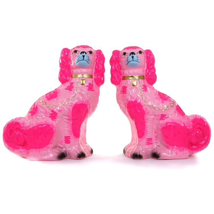 Neon Pink Preppy Large Staffordshire Spaniels, Pair