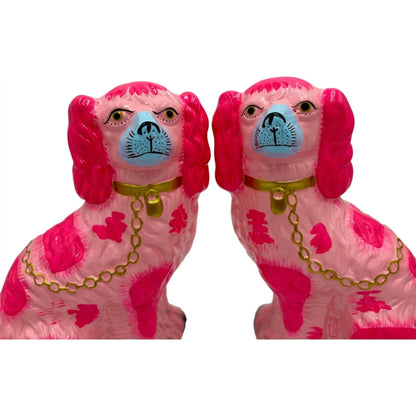 Neon Pink Preppy Large Staffordshire Spaniels, Pair