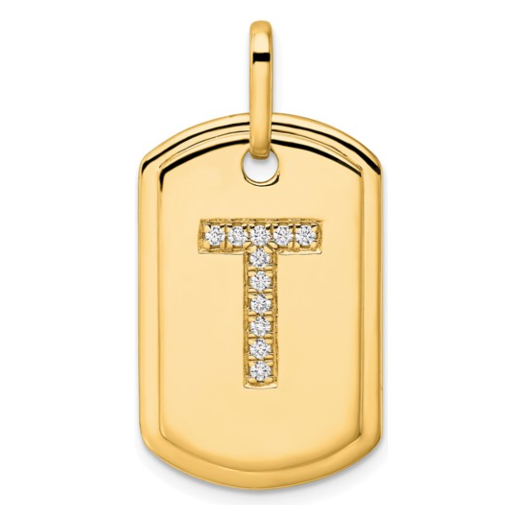 Custom 14k Yellow Gold Diamond Initial Dog Tag Charm
