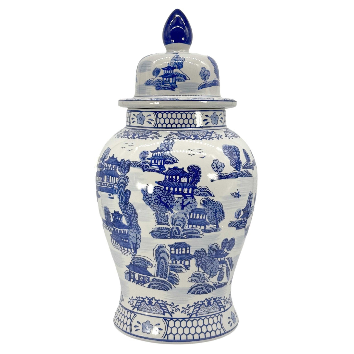 Blue & White Chinoiserie Landscape Ginger Jar – 25” Ceramic Decor