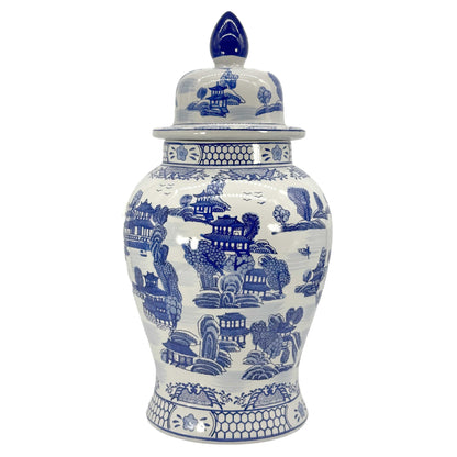 Blue & White Chinoiserie Landscape Ginger Jar – 25” Ceramic Decor