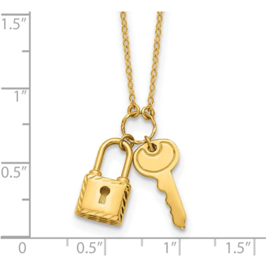 14K Yellow Gold Lock & Key Necklace with Polished and Textured Finish - 16" + 2" Extension