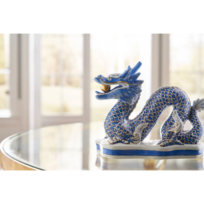 Hand-Painted Porcelain Blue Dragon Figurine with Gold Accents