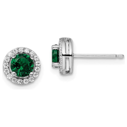 Sterling Silver Rhodium-Plated Pavé Halo CZ Earrings - White & Green Stones