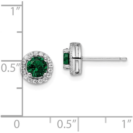 Sterling Silver Rhodium-Plated Pavé Halo CZ Earrings - White & Green Stones