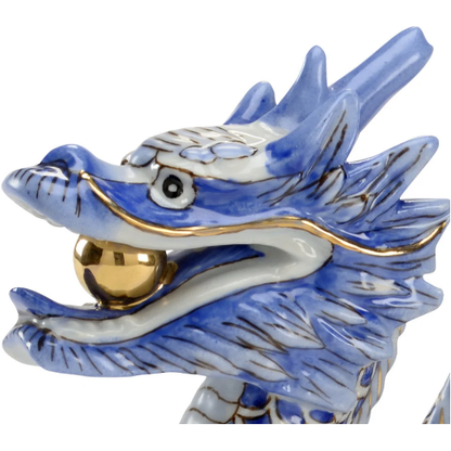 Hand-Painted Porcelain Blue Dragon Figurine with Gold Accents