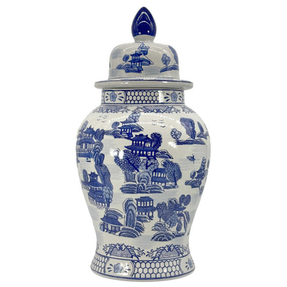 Blue & White Chinoiserie Landscape Ginger Jar – 25” Ceramic Decor