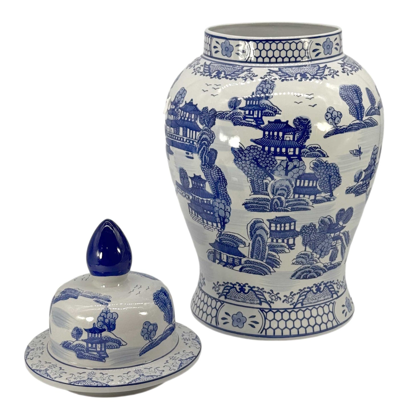 Blue & White Chinoiserie Landscape Ginger Jar – 25” Ceramic Decor