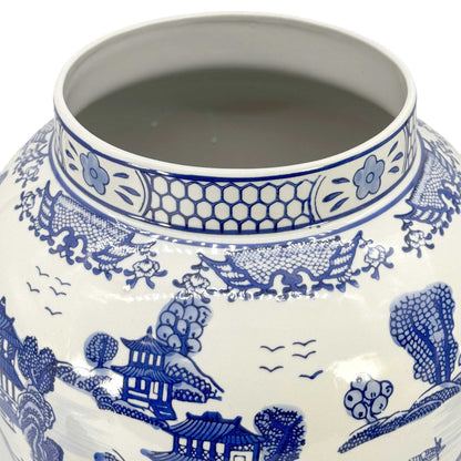 Blue & White Chinoiserie Landscape Ginger Jar – 25” Ceramic Decor