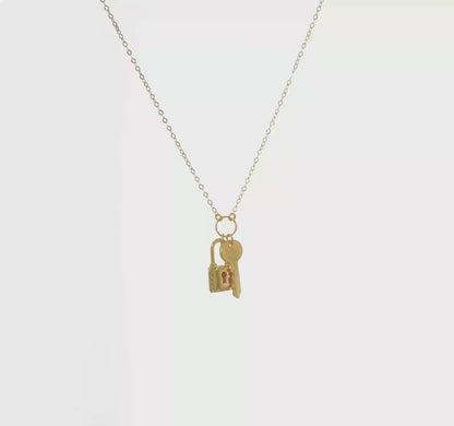 14K Yellow Gold Lock & Key Necklace with Polished and Textured Finish - 16" + 2" Extension