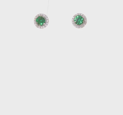 Sterling Silver Rhodium-Plated Pavé Halo CZ Earrings - White & Green Stones