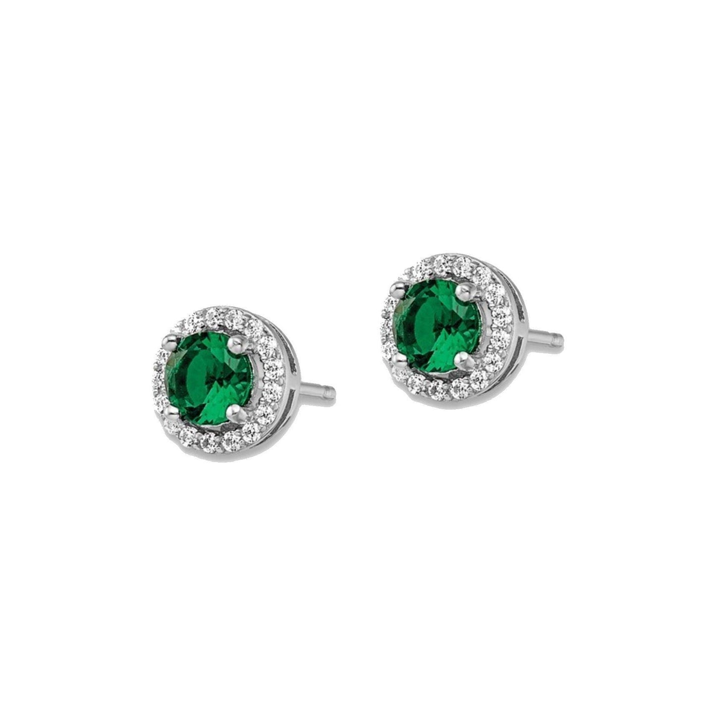 Sterling Silver Rhodium-Plated Pavé Halo CZ Earrings - White & Green Stones