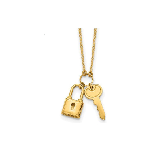 14K Yellow Gold Lock & Key Necklace with Polished and Textured Finish - 16" + 2" Extension