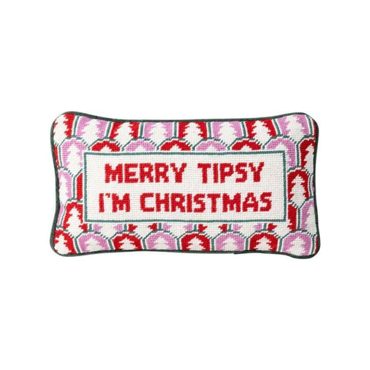 "Merry Tipsy I'm Christmas" Festive Needlepoint Pillow