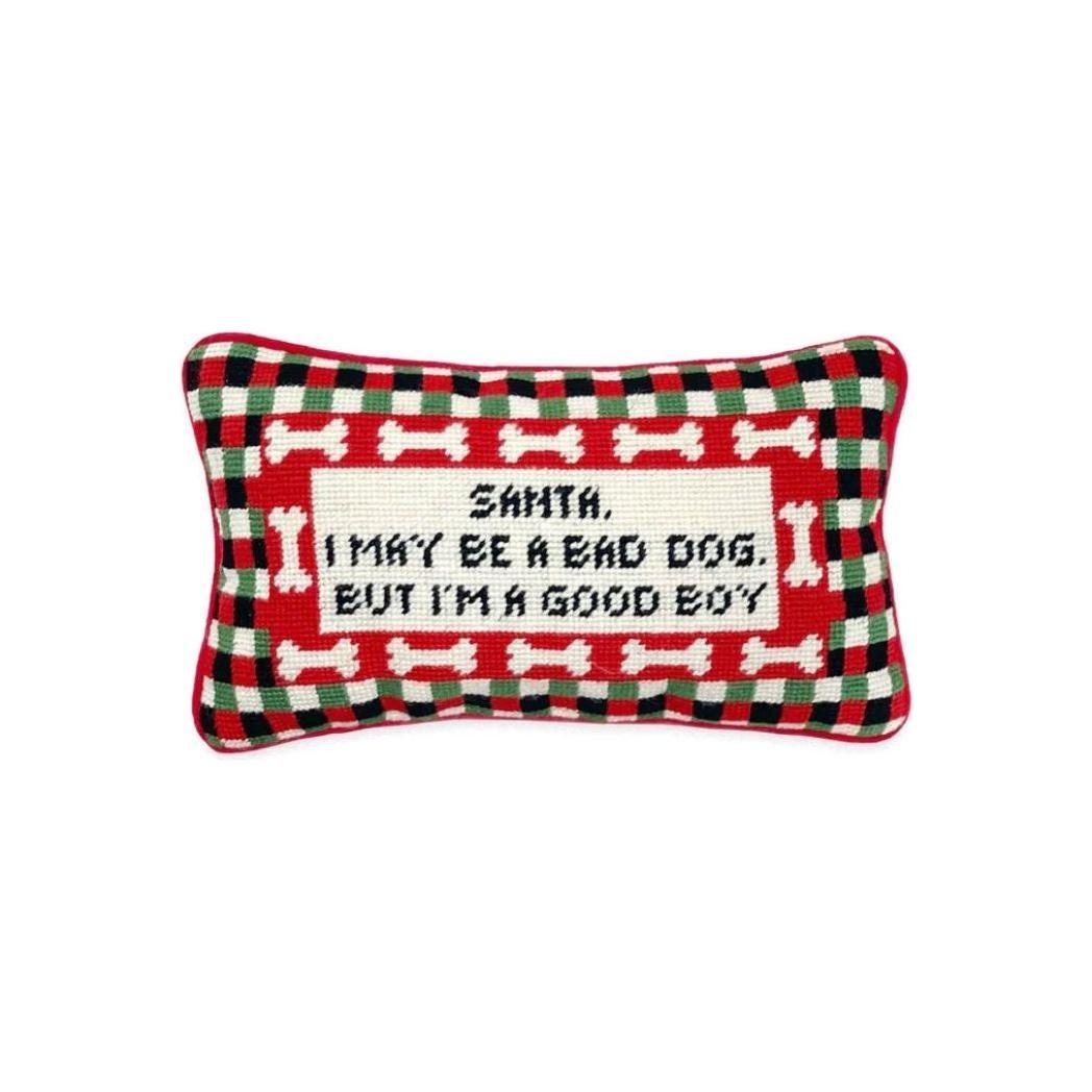 "Santa, I'm a Good Boy" Dog-Themed Needlepoint Pillow